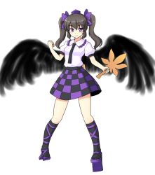 Rule 34 | 1girl, ankle lace-up, bird wings, black hair, black wings, checkered clothes, checkered skirt, cross-laced footwear, geta, hair ribbon, hand fan, hat, himekaidou hatate, isaki (gomi), long hair, looking at viewer, miniskirt, necktie, puffy short sleeves, puffy sleeves, purple eyes, ribbon, shirt, short sleeves, skirt, solo, tokin hat, touhou, twintails, wings