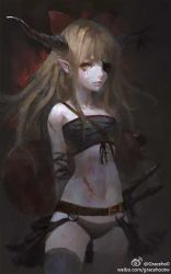 Rule 34 | 1girl, arm ribbon, arms behind back, bare shoulders, belt, black panties, black thighhighs, blonde hair, blood, bow, breasts, chest sarashi, cowboy shot, eyepatch, female focus, gracehoo, grey background, hair bow, highres, horn ornament, horn ribbon, horns, ibuki suika, injury, lips, looking at viewer, navel, nose, orange eyes, panties, pointy ears, realistic, ribbon, sarashi, small breasts, solo, standing, strap, thighhighs, touhou, twitter username, underwear, watermark, web address