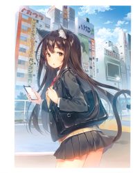 Rule 34 | 1girl, absurdres, animal ears, bag, blazer, blue sky, blush, brown eyes, brown hair, building, buttons, cat ears, cat girl, cat tail, cellphone, cloud, cloudy sky, day, highres, holding, jacket, logo, long hair, long sleeves, looking at viewer, open mouth, original, outdoors, phone, pleated skirt, scan, school bag, school uniform, shiny skin, skirt, sky, solo, tail, yuuki hagure