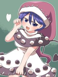 Rule 34 | 1girl, black capelet, blue eyes, blue hair, blush, capelet, cowboy shot, doremy sweet, dress, hair between eyes, hat, heart, highres, multicolored clothes, multicolored dress, nightcap, open mouth, pom pom (clothes), red hat, rokugou daisuke, short hair, signature, smile, solo, tail, tapir tail, touhou