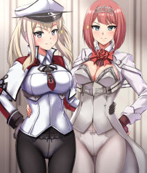 Rule 34 | 2girls, absurdres, ark royal (kancolle), black gloves, black legwear, blonde hair, blue eyes, blunt bangs, bob cut, breasts, brown gloves, celtic knot, cleavage cutout, clothing cutout, commission, corset, cross, fingerless gloves, flower, gloves, graf zeppelin (kancolle), hair between eyes, hat, highres, inverted bob, iron cross, jacket, kantai collection, large breasts, long sleeves, medium breasts, military, military uniform, multiple girls, panties, panties under pantyhose, pantyhose, peaked cap, pixiv commission, purple eyes, red flower, red hair, red ribbon, red rose, ribbon, rose, short hair, sidelocks, tiara, twintails, underwear, uniform, white corset, white jacket, white legwear, white panties, zanntetu
