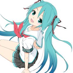 Rule 34 | 1girl, aqua eyes, aqua hair, arm support, black skirt, collar, collared shirt, commentary, from above, hair ribbon, hatsune miku, lat model (mikumikudance), light blush, long hair, looking at viewer, looking up, miniskirt, neckerchief, open mouth, pleated skirt, red neckerchief, ribbon, school uniform, serafuku, shirt, short sleeves, sitting, skirt, smile, solo, soukun s, striped ribbon, twintails, very long hair, vocaloid, white collar, white shirt