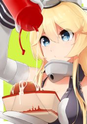 Rule 34 | 10s, 1girl, arm up, blonde hair, blue eyes, breasts, chain, cleavage, close-up, collarbone, concentrating, detached sleeves, elbow gloves, fingerless gloves, food, front-tie top, gloves, green background, hat, highres, holding, holding food, iowa (kancolle), kantai collection, large breasts, long hair, mayonnaise, messy hair, pouty lips, ship, simple background, solo, star-shaped pupils, star (symbol), suginoji, symbol-shaped pupils, upper body, watercraft