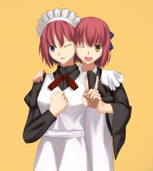 Rule 34 | 2girls, apron, blue eyes, breasts, hair ribbon, highres, hisui (tsukihime), holding hands, japanese clothes, kimono, kohaku (tsukihime), li-fe, looking at viewer, maid, maid apron, maid headdress, multiple girls, one eye closed, open mouth, orange background, red hair, ribbon, short hair, siblings, simple background, sisters, smile, tsukihime, victory pose, yellow eyes
