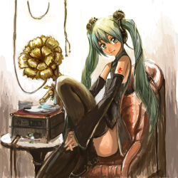 Rule 34 | bad id, bad pixiv id, china dress, chinese clothes, detached sleeves, dress, green eyes, green hair, hatsune miku, long hair, motsu rebaa, phonograph, sitting, solo, thighhighs, twintails, vocaloid