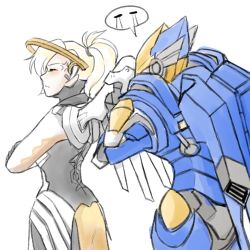 Rule 34 | 2girls, anger vein, armor, begging, blonde hair, blush, bodysuit, closed eyes, cowboy shot, crossed arms, facing away, halo, high ponytail, looking at another, mechanical halo, mechanical wings, mercy (overwatch), multiple girls, overwatch, overwatch 1, pantyhose, pharah (overwatch), pout, power armor, profile, rejection, simple background, sketch, speech bubble, tuskine kinase, white background, wings