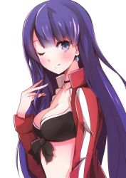 Rule 34 | 1girl, ;), bad id, bad pixiv id, bikini, blue eyes, breasts, cleavage, cross, cross necklace, earrings, enelis, fate/grand order, fate (series), front-tie bikini top, front-tie top, jacket, jewelry, long hair, looking at viewer, martha (fate), martha (swimsuit ruler) (fate), martha (swimsuit ruler) (second ascension) (fate), medium breasts, necklace, one eye closed, open clothes, open jacket, purple hair, smile, solo, swimsuit, upper body, white background