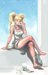 Rule 34 | 1girl, ankle lace-up, armlet, barefoot, blonde hair, breasts, cleavage, cross-laced footwear, curly hair, dress, feet, green eyes, high heels, jewelry, kilart, legs, crossed legs, lips, long legs, lots of jewelry, necklace, original, shoes, sitting, sketch, solo, string, tattoo, toes, twintails