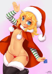 Rule 34 | 1girl, :q, artist name, bikini, bikini bottom only, black footwear, blonde hair, blue eyes, boots, cameltoe, cape, christmas, commentary, condom, convenient censoring, detached sleeves, elf, flat chest, fur-trimmed boots, fur-trimmed headwear, fur trim, gradient background, hair between eyes, hat, heart, heart tattoo, highres, long hair, looking at viewer, micro bikini, navel, original, pink background, pointy ears, pom pom (clothes), pubic tattoo, red bikini, red cape, red hat, santa hat, side-tie bikini bottom, signature, simple background, solo, striped, striped sleeves, swimsuit, tattoo, thigh boots, thighhighs, tongue, tongue out, topless, wolflong