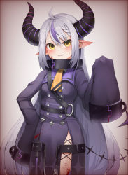 Rule 34 | 1girl, absurdres, ahoge, ascot, black dress, blood, blood on clothes, blood on face, blush, braid, braided bangs, collar, commentary request, cowboy shot, demon horns, dress, hand on own hip, hand up, highres, hololive, horns, la+ darknesss, la+ darknesss (1st costume), long hair, long sleeves, metal collar, multicolored hair, parted lips, pepushi drow, pointy ears, purple hair, silver hair, sleeves past fingers, sleeves past wrists, smile, solo, standing, streaked hair, tail, v-shaped eyebrows, very long hair, virtual youtuber, yellow ascot, yellow eyes