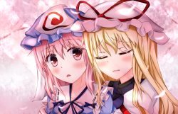 Rule 34 | 2girls, :o, blonde hair, blush, cherry blossoms, commentary request, closed eyes, hat, heads together, highres, hug, ibuibuyou, japanese clothes, kimono, long hair, looking at another, mob cap, multiple girls, outdoors, parted lips, petals, pink eyes, pink hair, saigyouji yuyuko, short hair, sideways glance, touhou, branch, triangular headpiece, upper body, yakumo yukari, yuri