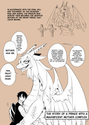 Rule 34 | 1boy, 1girl, age difference, baby, cross, dragon, flying sweatdrops, furry, hard-translated, horns, hug, long hair, monochrome, mother and son, original, sanzo, scales, size difference, slit pupils, sweat, tears, third-party edit, time skip, translated, wings