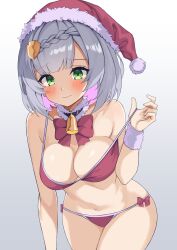 Rule 34 | 1girl, absurdres, bare arms, bare shoulders, bell, bikini, black choker, bow, bowtie, braid, breasts, choker, christmas, cleavage, closed mouth, commentary, cowboy shot, frilled choker, frills, fur cuffs, fur trim, genshin impact, gradient background, green eyes, grey background, grey hair, hand up, hat, highres, kaosu kun, large breasts, leaning forward, looking at viewer, navel, noelle (genshin impact), photoshop (medium), red bikini, red hat, revision, santa bikini, santa hat, short hair, side-tie bikini bottom, simple background, smile, solo, standing, stomach, strap gap, strap pull, string bikini, swimsuit, thighs, white background