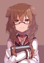 Rule 34 | 1girl, animal ears, atsutoku, bespectacled, book, hugging book, braid, brown background, brown eyes, brown hair, collar, commentary request, dog ears, dog girl, glasses, highres, holding, holding book, hololive, inugami korone, long hair, long sleeves, looking at viewer, hugging object, red-framed eyewear, sailor collar, school uniform, semi-rimless eyewear, serafuku, simple background, smile, solo, twin braids, two-tone background, under-rim eyewear, upper body, virtual youtuber