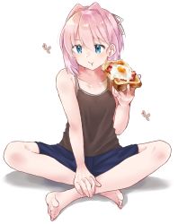 Rule 34 | 1girl, :t, bacon, bare legs, bare shoulders, barefoot, blue eyes, blush, bread slice, camisole, chewing, commentary, eating, egg (food), food, fried egg, fried egg on toast, highres, holding, holding food, kantai collection, looking to the side, pink hair, ponytail, shiranui (kancolle), short hair, short ponytail, shorts, simple background, sitting, solo, sunny side up egg, toast, u yuz xx, white background