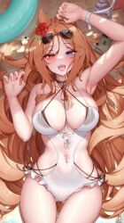 Rule 34 | 1girl, absurdres, animal ears, archetto (arknights), arknights, armpits, arms up, bikini, black bikini, blue eyes, blush, breasts, cellphone, commentary, covered navel, cowboy shot, criss-cross halter, cross, cross necklace, english commentary, extra ears, eyewear on head, flower, gluteal fold, hair flower, hair ornament, halterneck, heterochromia, highres, innertube, jewelry, large breasts, lilac (k32420276), long hair, looking at viewer, lying, multi-strapped bikini bottom, multi-strapped bikini top, necklace, necklace between breasts, on back, open mouth, orange hair, paw pose, phone, red eyes, see-through swimsuit, side-tie bikini bottom, smartphone, smile, solo, sunglasses, swim ring, swimsuit, teeth, white swimsuit
