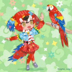 Rule 34 | 1girl, animal, belt, bird, bird girl, bird tail, bird wings, brown eyes, feathered wings, green background, head wings, japari symbol, kemono friends, kikuchi milo, leggings, necktie, red hair, scarlet macaw (kemono friends), shirt, shoes, short hair, simple background, skirt, tail, wings