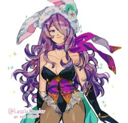 Rule 34 | 1girl, animal ears, breasts, camilla (fire emblem), cleavage, fake animal ears, fire emblem, fire emblem fates, fire emblem heroes, gloves, hair over one eye, large breasts, lips, long hair, looking at viewer, nintendo, pantyhose, playboy bunny, pomme (lazzledazzle), purple eyes, purple hair, rabbit ears, simple background, solo, very long hair, wavy hair