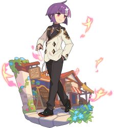 Rule 34 | 1boy, ahoge, artist request, barrel, black footwear, black pants, black shirt, blue flower, blunt bangs, blush, building, bush, closed mouth, crystal, fire, floating, floating object, flower, full body, hand in pocket, happy, highres, holding, jacket, jewelry, light blush, long sleeves, looking to the side, male focus, multicolored hair, necklace, non-web source, official art, outdoors, pants, paper, plant, potted plant, purple eyes, purple hair, red flower, rope, shide, shikigami, shirt, shoes, shop, short hair, sidelocks, sign, smile, solo, standing, streaked hair, suizen (world flipper), transparent background, two-tone hair, walking, white hair, white jacket, world flipper, yellow flower