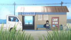 Rule 34 | 2boys, awning, backpack, bag, bench, blue pants, blue sky, book, child, collared shirt, day, driving, fence, grass, grey shirt, highres, holding, holding book, horizon, kojiro337, landscape, looking at object, male focus, motor vehicle, multiple boys, ocean, open book, original, outdoors, pants, power lines, reading, scenery, shirt, shoes, sign, sky, sneakers, stairs, trash can, truck, unworn backpack, unworn bag, utility pole, vending machine, white footwear