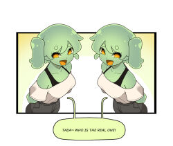 Rule 34 | 2girls, bare shoulders, breasts, colored skin, colored speech bubble, colored tongue, crop top, dual persona, english text, gomulgong, green skin, monster girl, multiple girls, original, simple background, slime (substance), slime girl, slime girl (gomulgong), speech bubble, tank top, yellow eyes, yellow tongue