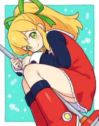 1girl blonde_hair blush boots closed_mouth commentary dress green_eyes green_ribbon hair_ribbon holding knee_boots long_sleeves looking_at_viewer mega_man_(series) onyhakase ponytail red_dress red_footwear ribbon roll_(mega_man) short_dress smile solo