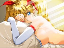 Rule 34 | 00s, 1girl, asgaldh, blonde hair, blue eyes, breast press, breasts, elbow gloves, game cg, gloves, large breasts, long hair, nail polish, pillow, red nails, solo, topless, twintails