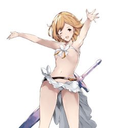 Rule 34 | 10s, 1girl, akiha (attract), armpits, bad id, bad twitter id, bandeau, belt, bikini, bikini skirt, breasts, brown eyes, clothes lift, djeeta (granblue fantasy), from below, gluteal fold, granblue fantasy, granblue fantasy (style), light brown hair, medium breasts, navel, official style, open mouth, outstretched arms, outstretched hand, short hair, simple background, skirt, skirt lift, solo, swimsuit, sword, underboob, weapon, white background, white bikini
