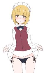 Rule 34 | 1girl, ame (amechan17391739), bad id, bad pixiv id, bartender, black panties, blonde hair, blunt bangs, blush, bob cut, bow, bowtie, brown vest, closed mouth, clothes lift, commentary, cowboy shot, cutlass (girls und panzer), dress shirt, frown, girls und panzer, half-closed eyes, handkerchief, highres, lifted by self, long sleeves, looking at viewer, maid headdress, miniskirt, panties, pleated skirt, shirt, short hair, side-tie panties, simple background, skirt, skirt lift, solo, standing, underwear, vest, white background, white shirt, wing collar, yellow eyes