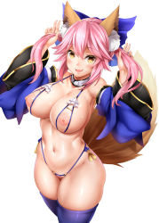 Rule 34 | 10s, 1girl, animal ears, bikini, blue bikini, blue thighhighs, blush, bra, breasts, crotchless, crotchless swimsuit, cupless bra, detached collar, detached sleeves, fang, fate/extra, fate (series), female pubic hair, fox ears, fox tail, hair ribbon, large breasts, long hair, looking at viewer, md5 mismatch, navel, nippleless clothes, nipples, oni-noboru, open mouth, pink hair, pubic hair, resolution mismatch, ribbon, simple background, smile, solo, source larger, swimsuit, tail, tamamo (fate), tamamo no mae (fate/extra), thighhighs, underwear, white background, yellow eyes