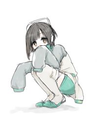 Rule 34 | 1girl, bob cut, headphones, looking at viewer, n03+, no3+, oversized clothes, short hair, shorts, simple background, sleeves past wrists, solo, squatting, thighhighs, vocaloid, white background, white thighhighs, yellow eyes, yumemi nemu