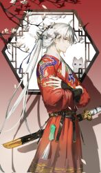 Rule 34 | 1boy, :3, ahoge, alternate costume, belt, branch, cat, chinese clothes, chinese commentary, commentary request, corrupted twitter file, cowboy shot, crossed arms, dragon print, earrings, from side, gauntlets, hair ribbon, hanfu, highres, honkai: star rail, honkai (series), jewelry, lattice, limeilin200669, long hair, looking at viewer, magnolia, male focus, profile, purple eyes, red hanfu, ribbon, single hair ring, smile, solo, stud earrings, sword, tassel, very long hair, weapon, white cat, white hair, yingxing (honkai: star rail)