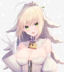Rule 34 | 1girl, ahoge, blonde hair, breasts, cleavage, commentary request, fate/extra, fate/extra ccc, fate/grand order, fate (series), firepo, gloves, green eyes, grey background, hair intakes, hand up, head wreath, highres, large breasts, lock, looking at viewer, nero claudius (bride) (fate), nero claudius (bride) (second ascension) (fate), nero claudius (fate), nero claudius (fate) (all), open mouth, padlock, short hair, smile, solo, upper body, veil, w, white gloves, zipper