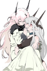 Rule 34 | 2girls, absurdres, arknights, bandages, bare shoulders, blush, breasts, carrying, closed eyes, closed mouth, dress, grey hair, hair ornament, hand on another&#039;s mouth, head tilt, highres, horns, infection monitor (arknights), jewelry, large breasts, layered clothes, ling s, long hair, long sleeves, looking up, material growth, medium breasts, mudrock (arknights), mudrock (elite ii) (arknights), multiple girls, multiple rings, oripathy lesion (arknights), pink hair, pointy ears, princess carry, red eyes, ring, sidelocks, simple background, sweatdrop, theresa (arknights), white background, yuri