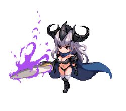 Rule 34 | 1girl, armor, aura, bara (totocos), bare shoulders, bikini armor, black footwear, blue cape, cape, closed mouth, fake horns, gauntlets, greaves, grey hair, grey thighhighs, helmet, holding, holding sword, holding weapon, horned helmet, horns, huge weapon, knight, long hair, original, pixel art, purple eyes, simple background, solo, standing, sword, thighhighs, transparent background, vambraces, weapon, white background