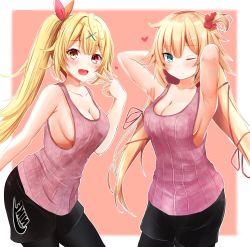 Rule 34 | 2girls, :d, ;), absurdres, akai haato, armpits, arms up, black legwear, blonde hair, blue eyes, breasts, cleavage, commentary request, ex idol, hair ornament, hairclip, heart, heart hair ornament, heterochromia, highres, hololive, hoshikawa sara, large breasts, long hair, multiple girls, nijisanji, no bra, one eye closed, open mouth, pantyhose, red eyes, shirt, shorts, side ponytail, sideboob, sleeveless, sleeveless shirt, smile, standing, tank top, virtual youtuber, x hair ornament, yellow eyes