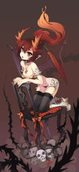 Rule 34 | 1girl, black thighhighs, boots, breasts, chair, cleavage, collar, dragon, dragon girl, dragon tail, dragon wings, earrings, fang, highres, horns, jewelry, large breasts, long hair, monster girl, necklace, open mouth, original, pointy ears, ponytail, red eyes, red hair, skull, solo, spiked collar, spikes, tail, taruk, thighhighs, wings