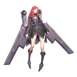Rule 34 | 1girl, airplane hair ornament, black dress, boots, cleavage cutout, clothing cutout, dress, flat chest, full body, game cg, hair ornament, hairclip, highres, kakiman, last origin, looking at viewer, night angel (last origin), official art, red eyes, red hair, solo, tachi-e, transparent background, wings