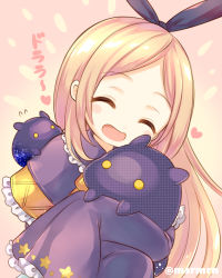 Rule 34 | 1girl, :d, ^ ^, bad id, bad pixiv id, beige background, blonde hair, blush, brown background, capelet, closed eyes, dress, forehead, frilled capelet, frilled sleeves, frills, gradient background, hair ribbon, heart, hug, long hair, long sleeves, mashiro miru, monster strike, open mouth, parted bangs, purple capelet, purple dress, purple ribbon, ribbon, sleeves past fingers, sleeves past wrists, smile, solo, translation request, twitter username