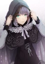 Rule 34 | 1girl, 2022, black capelet, black dress, cape, capelet, closed mouth, dated, dress, fate (series), gray (fate), green eyes, grey cape, hair between eyes, highres, hood, hood up, hooded, looking at viewer, lord el-melloi ii case files, ribbon, rokuo016, silver hair, solo, standing, white ribbon
