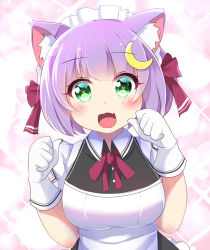 Rule 34 | 1girl, :d, animal ears, bow, cat ears, commentary, copyright request, crescent, crescent pin, english commentary, fang, gloves, green eyes, hair bow, hair ornament, heart, heart-shaped pupils, highres, ikazu401, looking at viewer, neck ribbon, open mouth, pink background, purple hair, red bow, red ribbon, ribbon, short hair, smile, solo, symbol-shaped pupils, white gloves