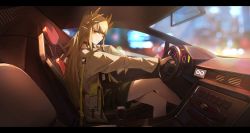 Rule 34 | 1girl, absurdres, alisi, arknights, black choker, black shorts, blonde hair, car interior, choker, crossed legs, driving, grin, highres, infection monitor (arknights), letterboxed, long hair, looking at viewer, muelsyse (arknights), orange eyes, pointy ears, rhine lab logo, shirt, shorts, sitting, smile, solo, steering wheel, thighs, very long hair, white shirt