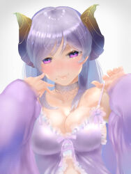 Rule 34 | 1girl, babydoll, blush, breasts, brown horns, cardigan, cleavage, closed mouth, commentary request, demon girl, demon horns, frilled babydoll, grey choker, highres, honey strap, horns, large breasts, long hair, long sleeves, looking at viewer, medium bangs, mole, mole under mouth, nanashi inc., purple babydoll, purple cardigan, purple eyes, purple hair, saionji mary, sidelocks, simple background, smile, solo, upper body, virtual youtuber, white background, yamashita tomu