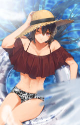 Rule 34 | 1girl, absurdres, bare shoulders, bikini, bikini bottom only, black hair, breasts, cleavage, closed mouth, crop top, floral print, from above, hair between eyes, hand on headwear, hat, highres, innertube, kantai collection, large breasts, long hair, looking at viewer, machi (ritovoyage), nagato (kancolle), red eyes, red shirt, shirt, sitting, solo, straw hat, swim ring, swimsuit, twitter username, very long hair, water, wet, wet hair