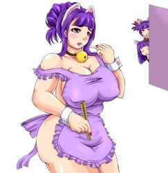 Rule 34 | 3girls, age difference, animal ears, apron, artist request, breasts, brown eyes, cat ears, cleavage, housewife, huge breasts, mature female, mole, mother and daughter, multiple girls, naked apron, plump, purple hair