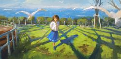 Rule 34 | 1girl, animal, arms behind back, bird, blue skirt, brown eyes, brown hair, day, fence, fjsmu, flying, grass, highres, ocean, on grass, original, outdoors, scenery, shadow, shirt, skirt, solo, striped clothes, striped shirt, tree, water, white shirt