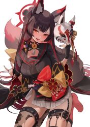 Rule 34 | 1girl, animal ear fluff, animal ears, black gloves, black hair, black kimono, black nails, blue archive, blush, colored inner hair, fingerless gloves, floral print, fox ears, fox mask, fox shadow puppet, fox tail, furrowed brow, gloves, head tilt, highres, holding, holding mask, japanese clothes, kimono, long hair, looking at viewer, mask, miniskirt, multicolored hair, obi, open mouth, print kimono, red hair, sash, skirt, solo, tail, thigh strap, thighhighs, torn clothes, torn thighhighs, very long hair, wakamo (blue archive), white background, white skirt, yellow eyes, zerocat
