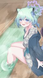 Rule 34 | 1girl, 4jiri, :d, absurdres, animal ears, blue archive, blush, breasts, cleavage, collarbone, green hair, halo, highres, japanese clothes, kimono, long sleeves, looking at viewer, medium breasts, official alternate costume, onsen, open mouth, purple eyes, purple halo, shigure (blue archive), shigure (hot spring) (blue archive), short hair, smile, solo, tail, water, weasel ears, weasel tail, white kimono