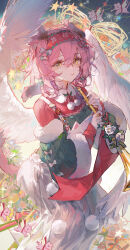 Rule 34 | 1girl, angel wings, animal ears, arknights, bow, cat ears, cat girl, cat tail, commentary request, feet out of frame, floppy ears, flower, fur-trimmed sweater, fur trim, goldenglow (arknights), goldenglow (maiden for the bright night) (arknights), green sweater, hair between eyes, hair bow, hairband, highres, holding, holding instrument, instrument, long sleeves, looking at viewer, medium hair, mistletoe, nonhaaa, official alternate costume, open mouth, overalls, pink hair, pom pom (clothes), red hairband, red sweater, smile, solo, star (symbol), sweater, tail, trumpet, two-tone sweater, white flower, white overalls, wings, yellow eyes