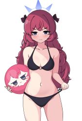 Rule 34 | 1girl, absurdres, ball, bare shoulders, beachball, bikini, black bikini, blue archive, blue eyes, blush, breasts, cleavage, clenched teeth, clothes pull, collarbone, cowboy shot, gluteal fold, groin, halo, halterneck, highres, holding, holding ball, hrna, iroha (blue archive), long hair, looking at viewer, navel, o-ring, o-ring top, red hair, simple background, small breasts, solo, swimsuit, teeth, v-shaped eyebrows, white background